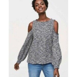 Ann Taylor LOFT Size M Sweater Texture Blue Marled Cold Shoulder Balloon Sleeve